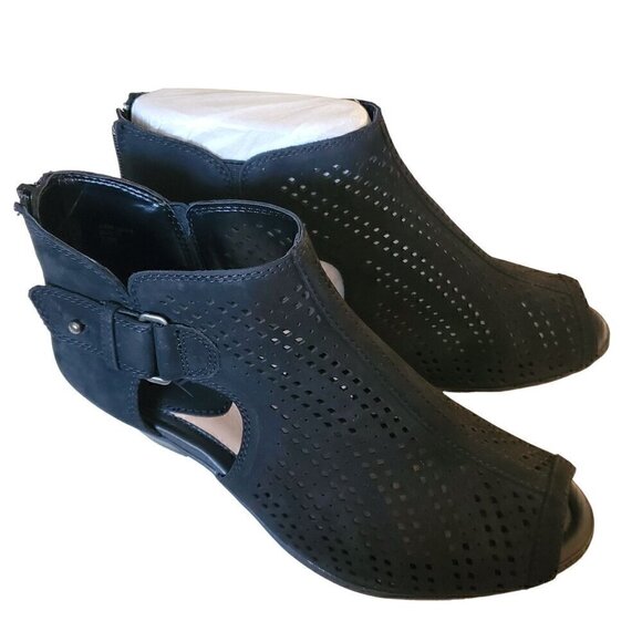 Earth Open Toe Black Suede Booties, Woman's Black Peep Toe Shoes - Picture 2 of 6